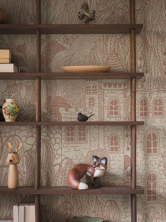 Sculptural willows and stately castles in large scale decorate the Kingdom of the Willow Grand wallpaper.