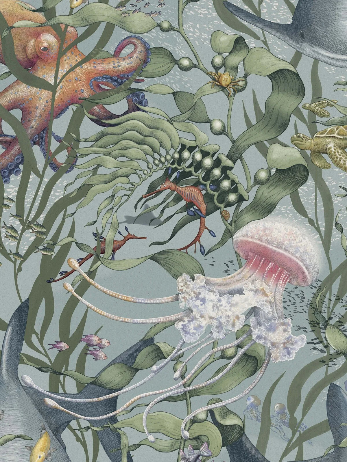  Welcome to the deep sea! The Underwater Magic Grand wallpaper is covered in a large-scale underwater forest of swaying kelp, filled with starfish, jellyfish, turtles, octopuses, and other fascinating creatures. 