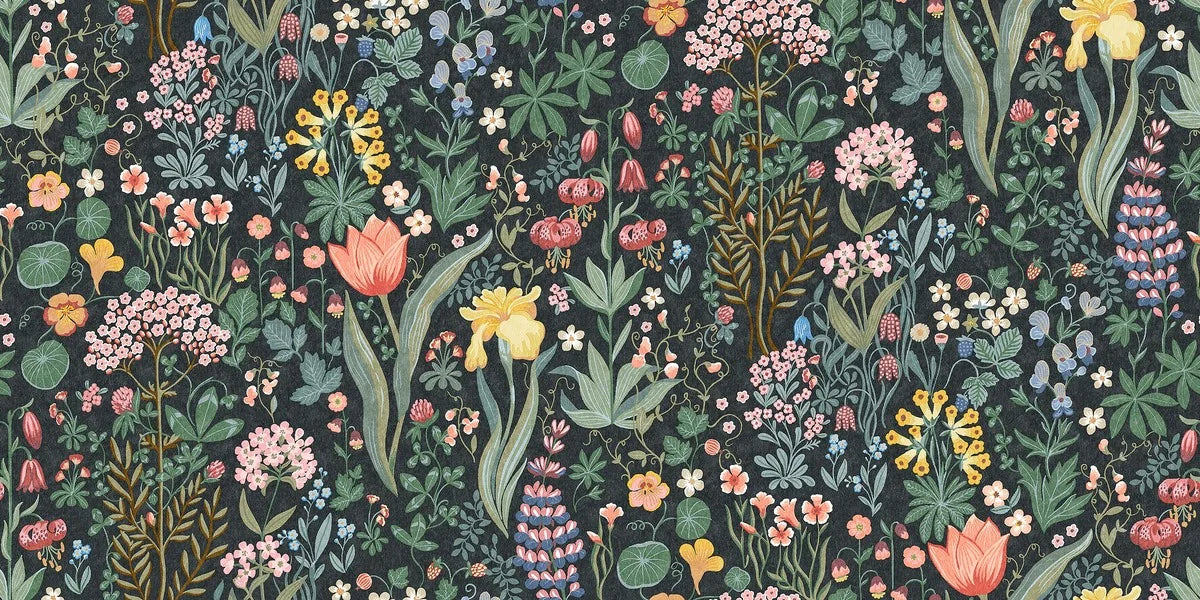 The Blomsterhav Grand wallpaper features a hand-painted, colorful floral pattern on a dark grey, almost black background. 