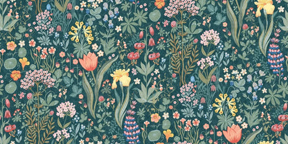 The Blomsterhav Grand wallpaper is indeed adorned with a lush sea of flowers, and among sweet peas, lupins and other blossoms, you’ll also find the occasional blackberry and wild strawberry. 