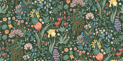 The multicolored Blomsterhav Grand wallpaper offers a wonderful floral display, featuring everything from tiny, charming forget-me-nots to stately lupins and martagon lilies.