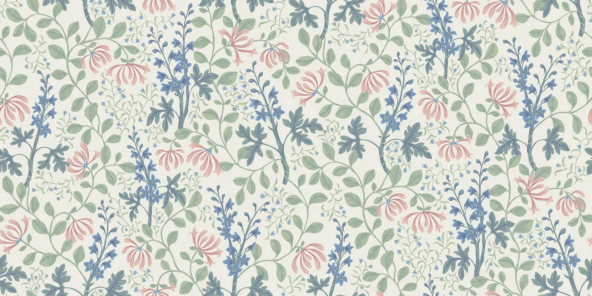 Across the light, large-floral Trädgårdsfröjd Grand wallpaper climbs a winding green foliage accented with blue delphiniums and pink honeysuckle on a cream-white background.