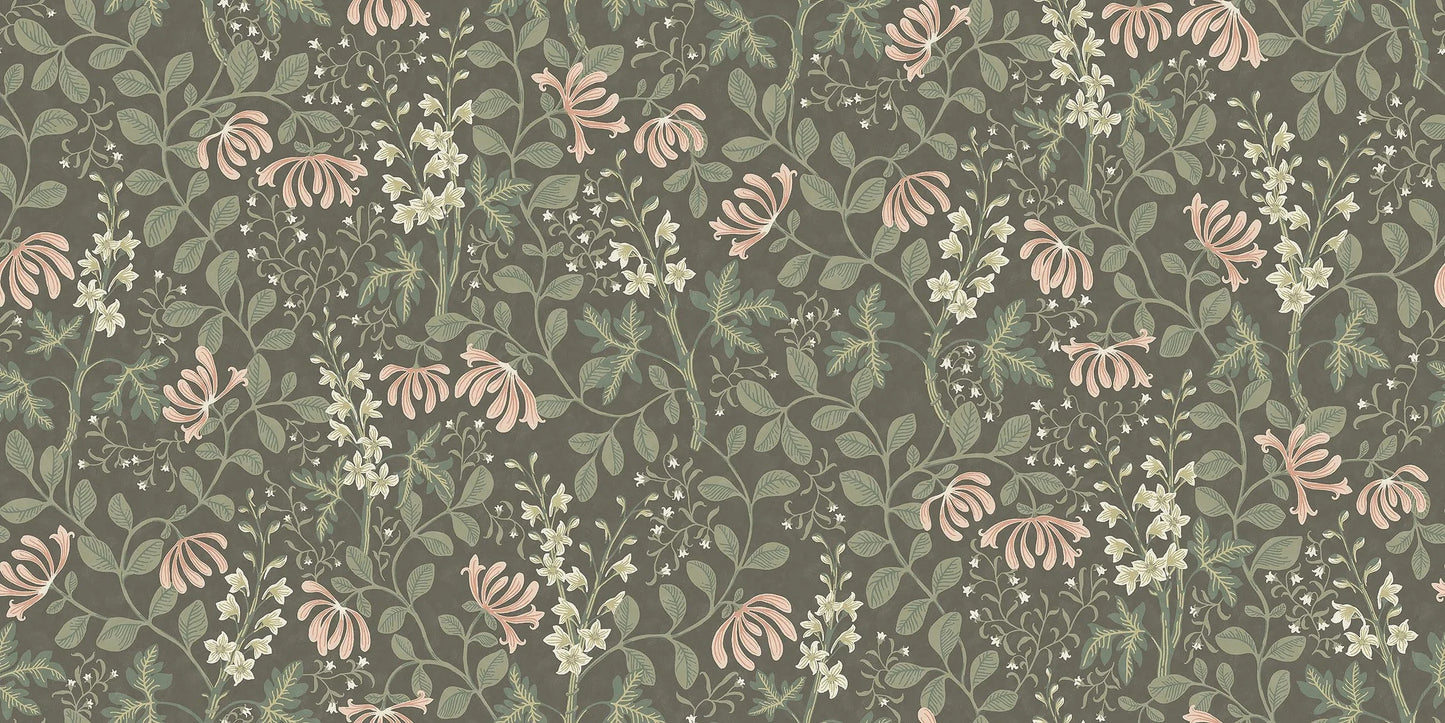 The Trädgårdsfröjd Grand mural wallpaper is covered in cream-coloured delphiniums and pale apricot-pink honeysuckle set within green, winding foliage on a dark green background