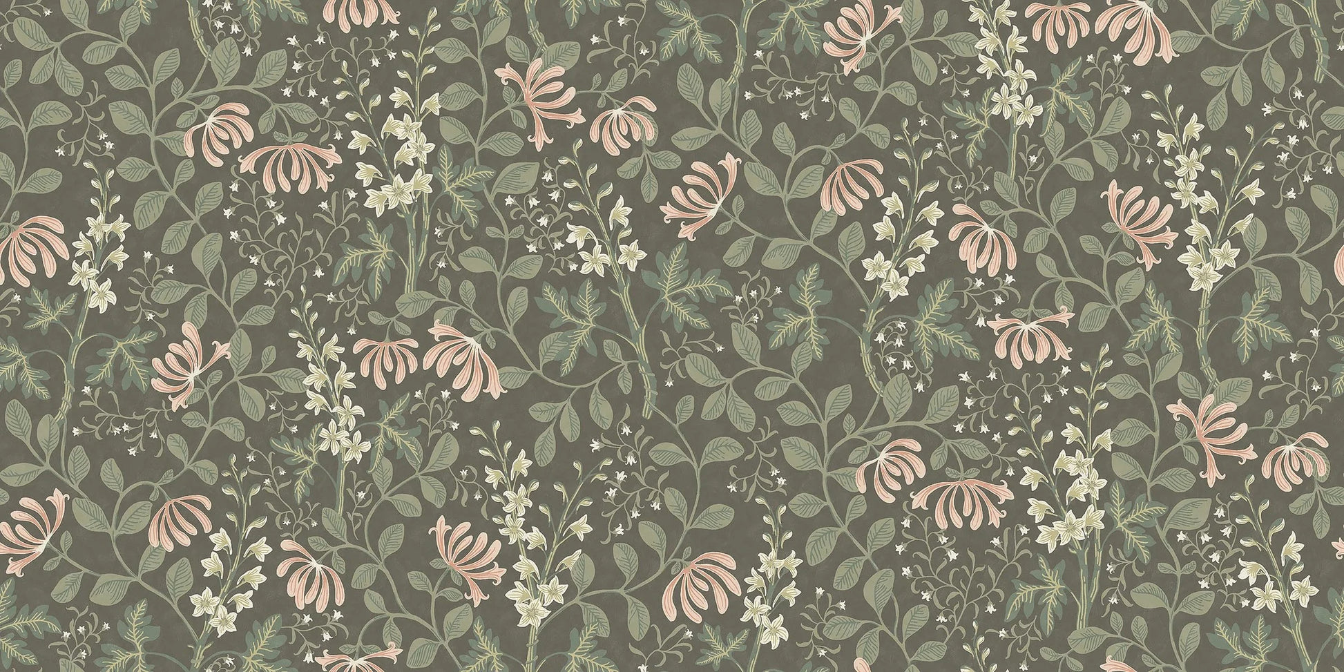 The Trädgårdsfröjd Grand mural wallpaper is covered in cream-coloured delphiniums and pale apricot-pink honeysuckle set within green, winding foliage on a dark green background
