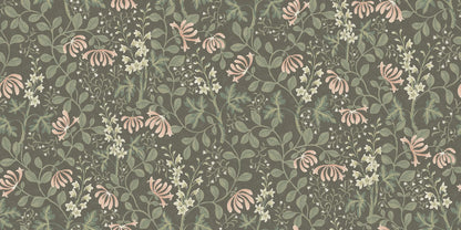 The Trädgårdsfröjd Grand mural wallpaper is covered in cream-coloured delphiniums and pale apricot-pink honeysuckle set within green, winding foliage on a dark green background