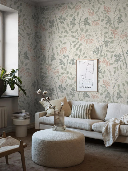 The light, floral Trädgårdsfröjd Grand wallpaper is rustic and romantic with a subtle twist. 