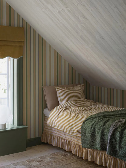Stockholm Stripe is a timeless striped wallpaper, digitally printed on an extra-large scale. 