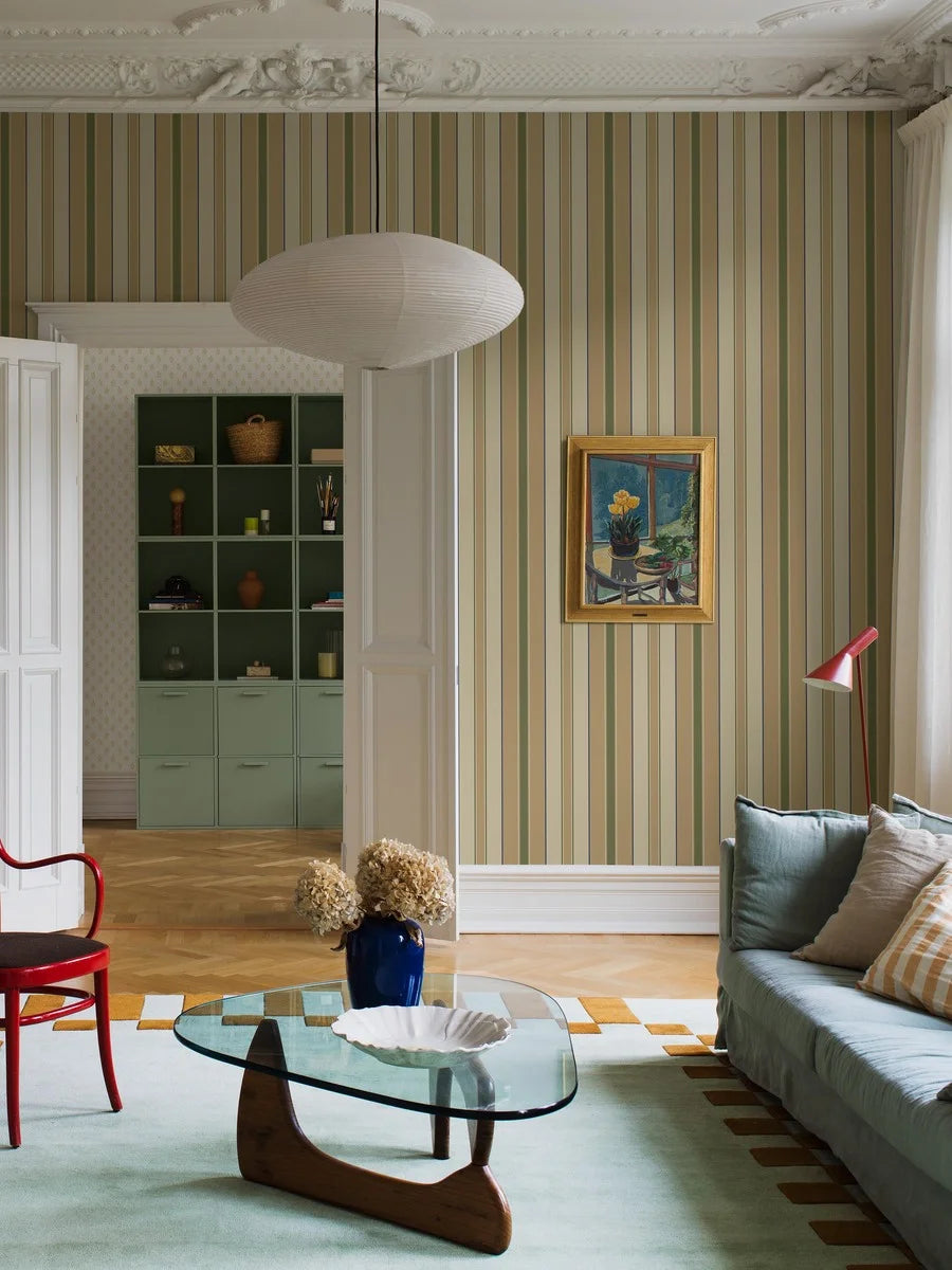 Stockholm Stripe is a timeless striped wallpaper, digitally printed on an extra-large scale. 