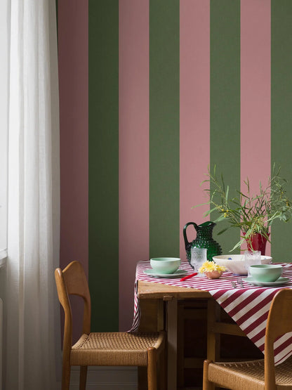  The boldly wide block stripes come in a playful colour combination of pea green and bubblegum pink. 