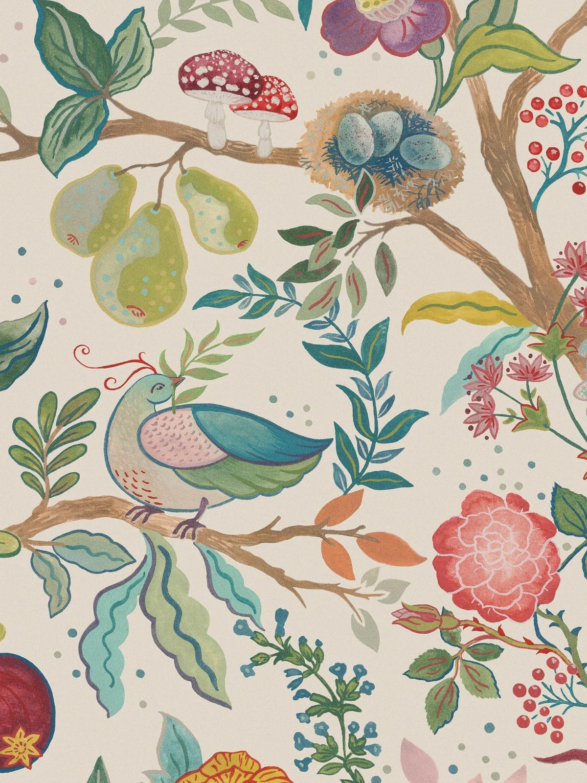 In the Peace Bird mural wallpaper, colorful winding branches are filled with peace birds, olive branches, bird eggs, flowers and many other forms of life.