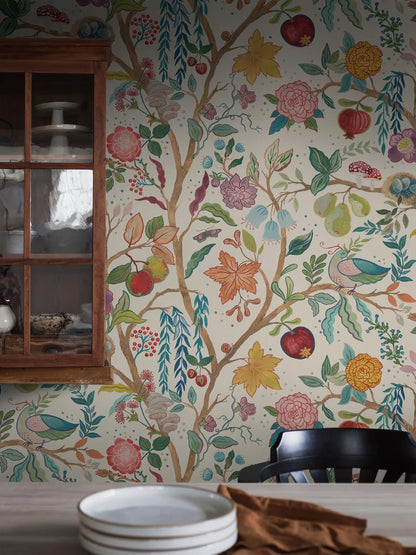 In the Peace Bird mural wallpaper, colorful winding branches are filled with peace birds, olive branches, bird eggs, flowers and many other forms of life.