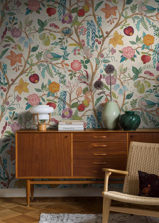 In the Peace Bird mural wallpaper, colorful winding branches are filled with peace birds, olive branches, bird eggs, flowers and many other forms of life.