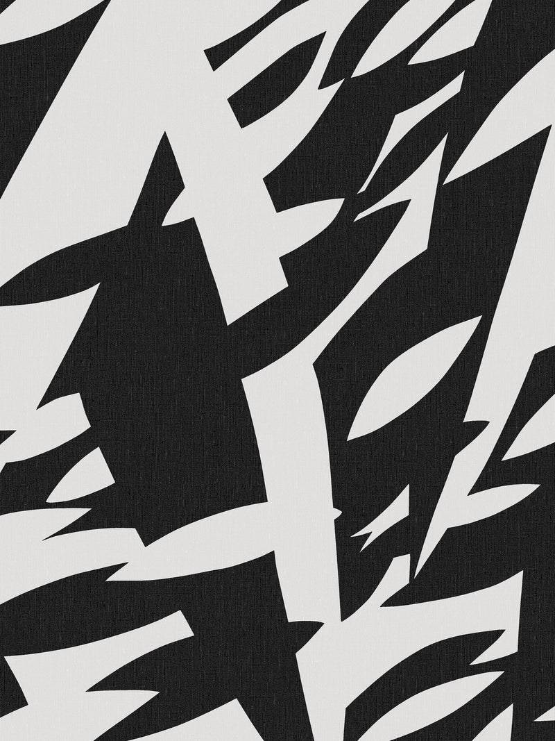 The black-and-white mural wallpaper Delfinisk Rörelse is based on one of Karl Axel Pehrson’s graphic paintings: a stylised image of dolphins in a dense shoal of fish—abstract and representational at the same time.