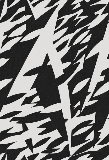 The black-and-white mural wallpaper Delfinisk Rörelse is based on one of Karl Axel Pehrson’s graphic paintings: a stylised image of dolphins in a dense shoal of fish—abstract and representational at the same time.