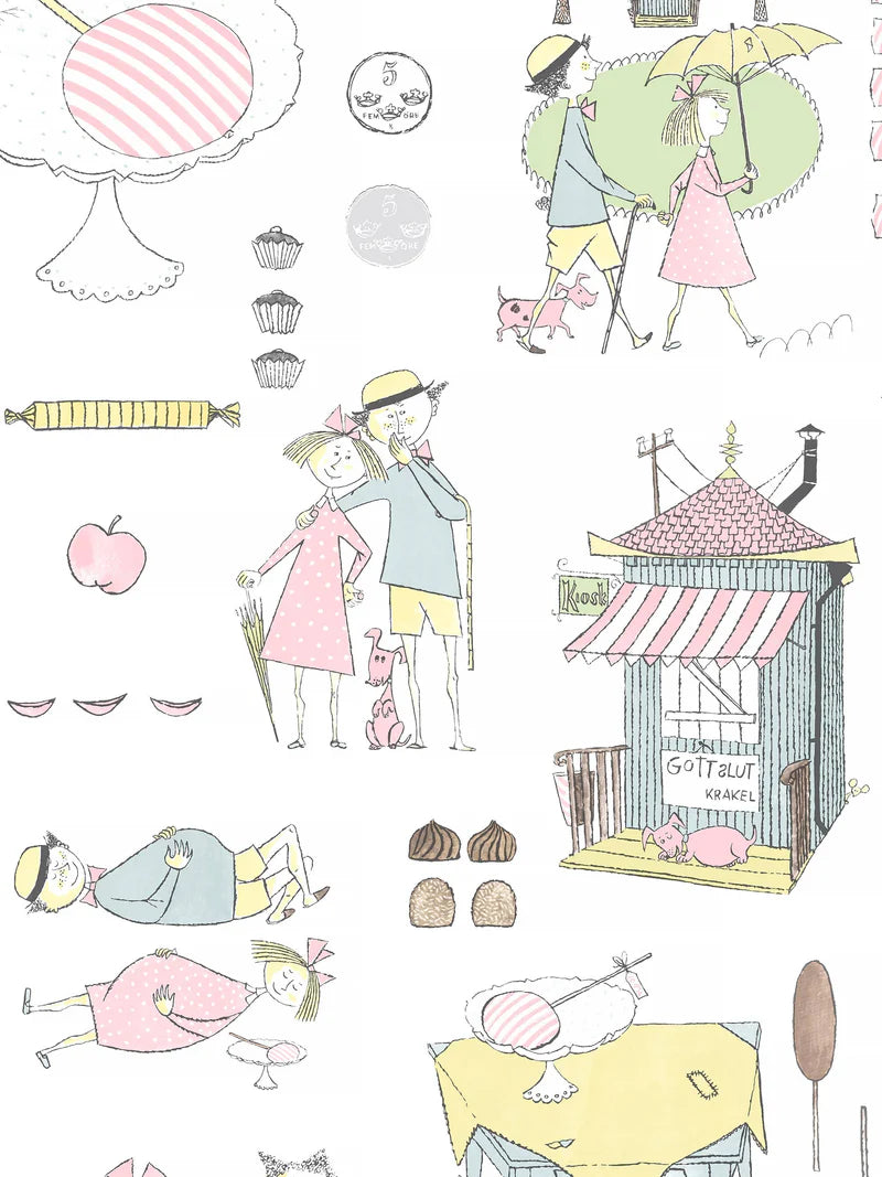 Krakel Spektakel is a playful mural wallpaper that inspires both playtime and cozy rest. Here, the pattern comes in softly muted pastel shades on a white ground.