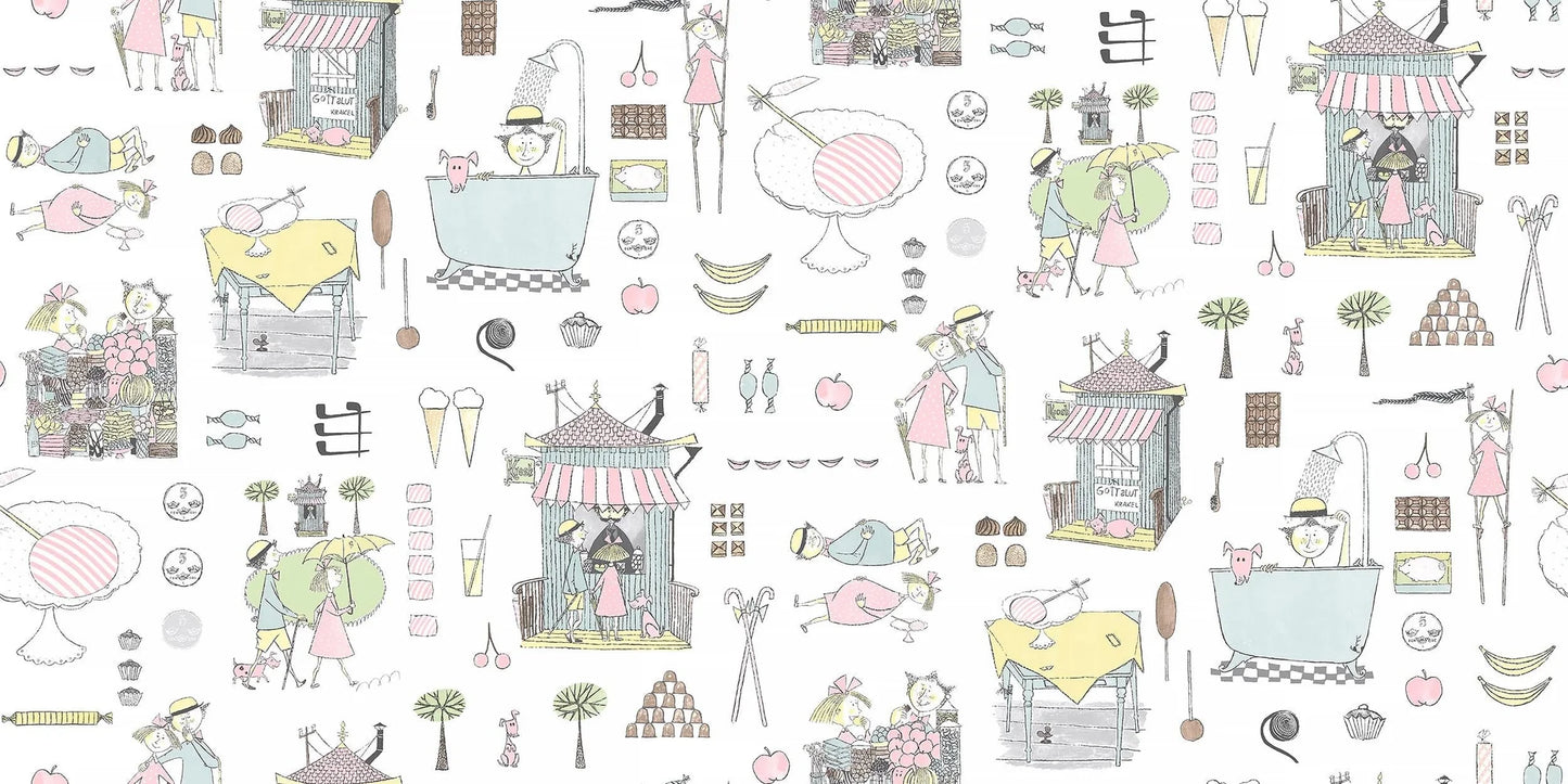 Krakel Spektakel is a playful mural wallpaper that inspires both playtime and cozy rest. Here, the pattern comes in softly muted pastel shades on a white ground.