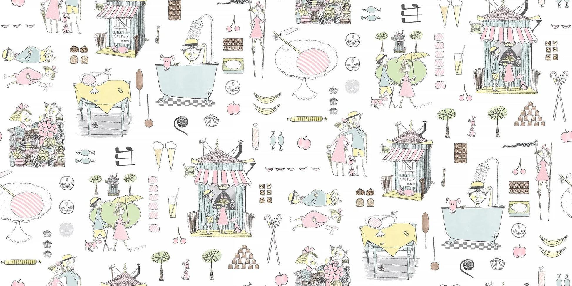 Krakel Spektakel is a playful mural wallpaper that inspires both playtime and cozy rest. Here, the pattern comes in softly muted pastel shades on a white ground.