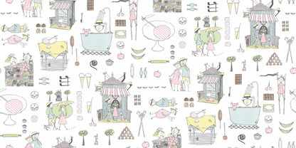 Krakel Spektakel is a playful mural wallpaper that inspires both playtime and cozy rest. Here, the pattern comes in softly muted pastel shades on a white ground.