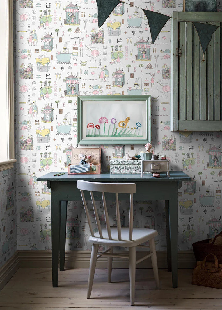 Krakel Spektakel is a playful mural wallpaper that inspires both playtime and cozy rest. Here, the pattern comes in softly muted pastel shades on a white ground.