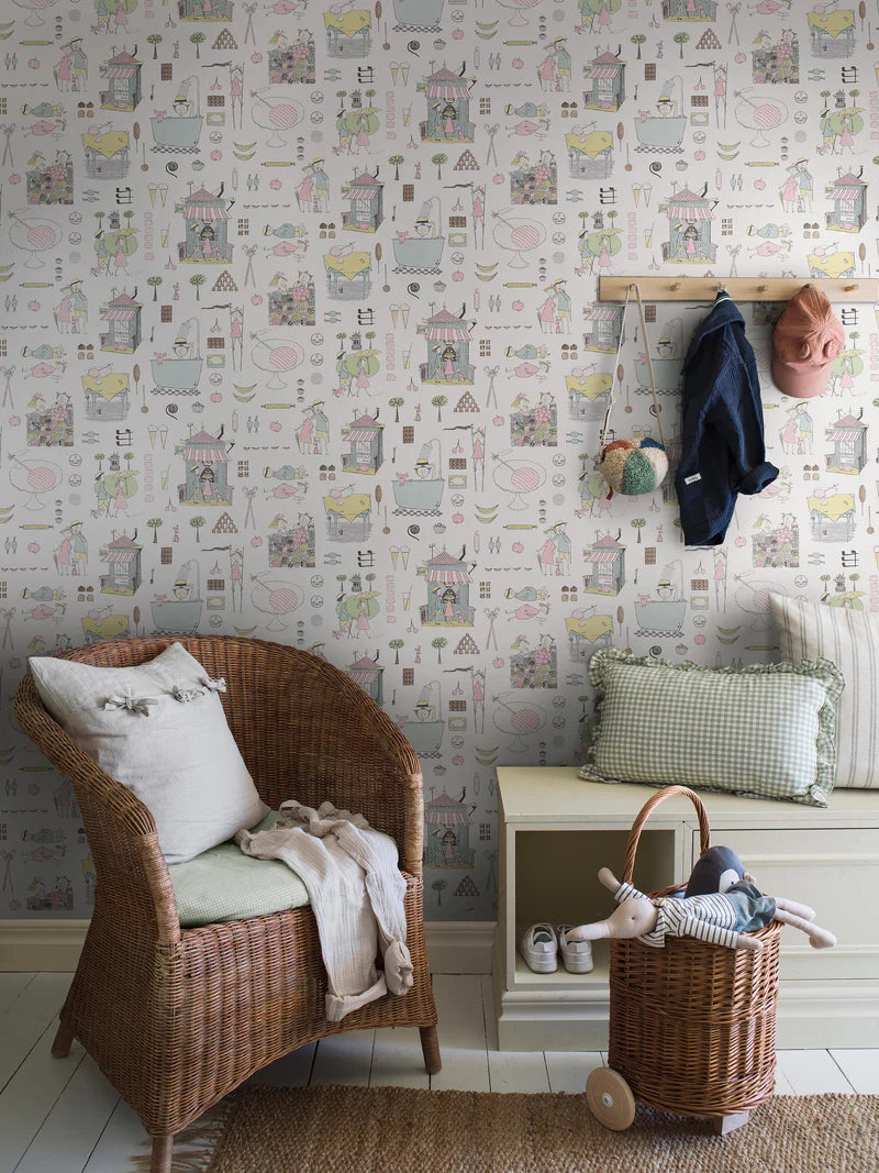 Krakel Spektakel is a playful mural wallpaper that inspires both playtime and cozy rest. Here, the pattern comes in softly muted pastel shades on a white ground.