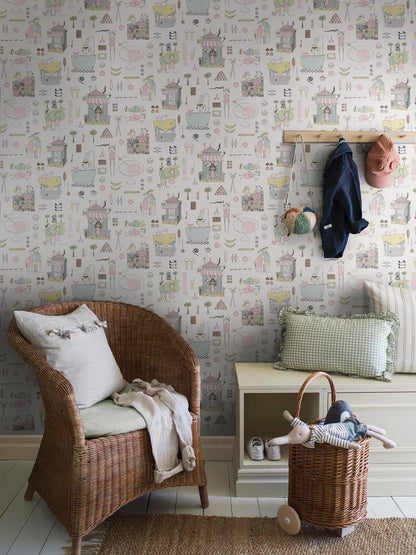 Krakel Spektakel is a playful mural wallpaper that inspires both playtime and cozy rest. Here, the pattern comes in softly muted pastel shades on a white ground.