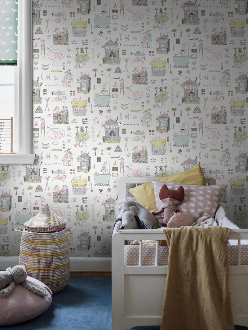 Krakel Spektakel is a playful mural wallpaper that inspires both playtime and cozy rest. Here, the pattern comes in softly muted pastel shades on a white ground.