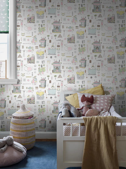 Krakel Spektakel is a playful mural wallpaper that inspires both playtime and cozy rest. Here, the pattern comes in softly muted pastel shades on a white ground.