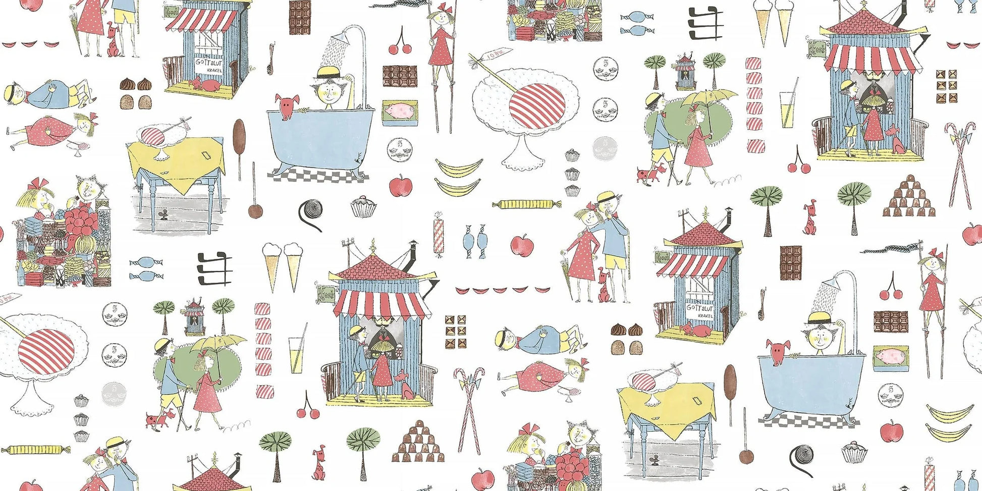 Krakel Spektakel is a colorful, playful mural wallpaper created from Stig Lindberg’s much-loved illustrations in Lennart Hellsing’s book Krakel Spektakel köper en klubba.