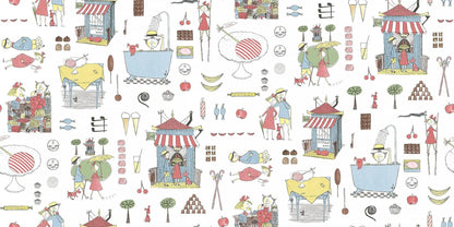 Krakel Spektakel is a colorful, playful mural wallpaper created from Stig Lindberg’s much-loved illustrations in Lennart Hellsing’s book Krakel Spektakel köper en klubba.