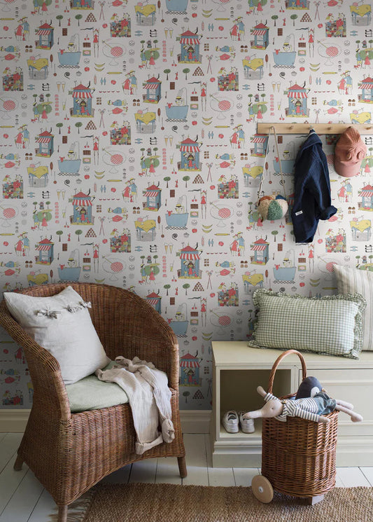 Krakel Spektakel is a colorful, playful mural wallpaper created from Stig Lindberg’s much-loved illustrations in Lennart Hellsing’s book Krakel Spektakel köper en klubba.