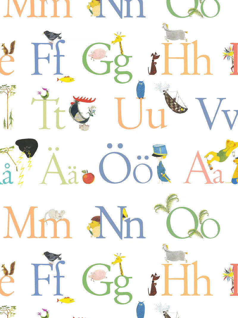 The ABC mural wallpaper brings a Swedish design classic to life in a new format. Stig Lindberg’s beautiful typography and playful illustrations are taken from the book ABC