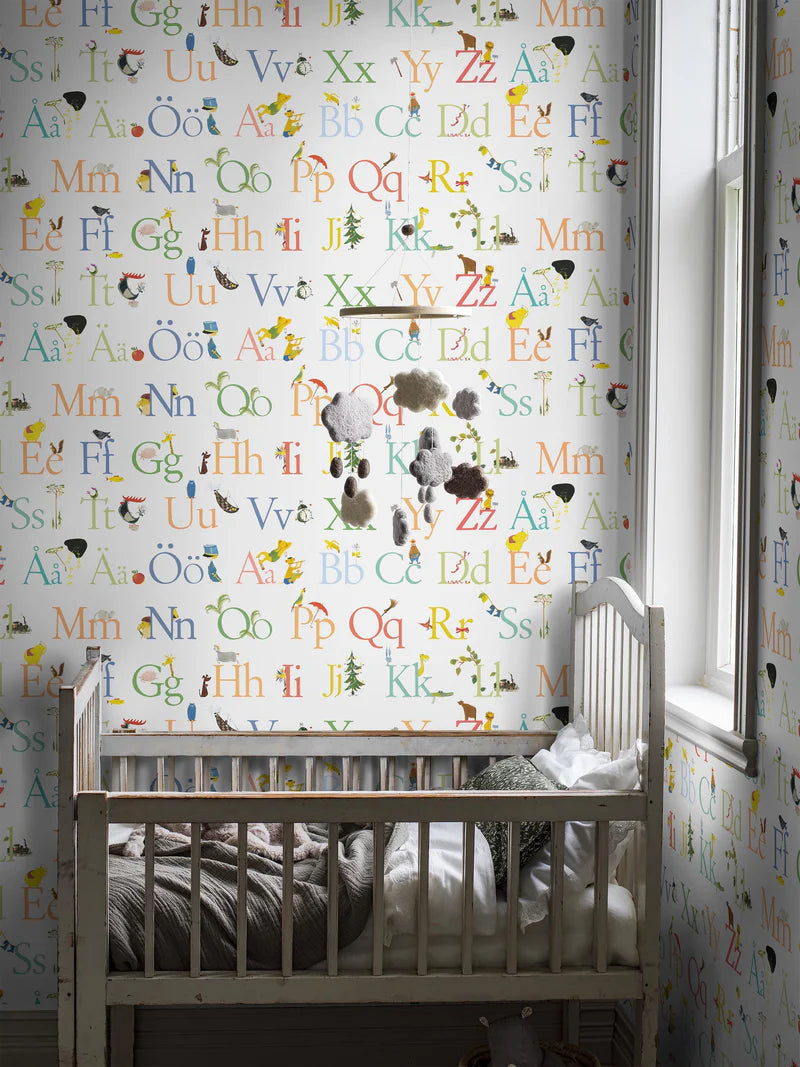The ABC mural wallpaper brings a Swedish design classic to life in a new format. Stig Lindberg’s beautiful typography and playful illustrations are taken from the book ABC
