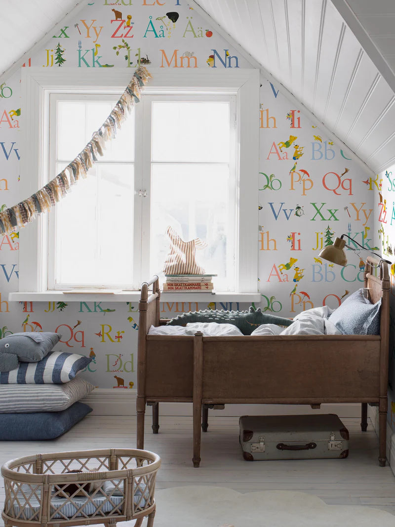 The ABC mural wallpaper brings a Swedish design classic to life in a new format. Stig Lindberg’s beautiful typography and playful illustrations are taken from the book ABC