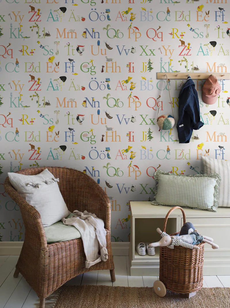 The ABC mural wallpaper brings a Swedish design classic to life in a new format. Stig Lindberg’s beautiful typography and playful illustrations are taken from the book ABC