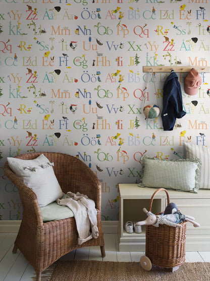 The ABC mural wallpaper brings a Swedish design classic to life in a new format. Stig Lindberg’s beautiful typography and playful illustrations are taken from the book ABC