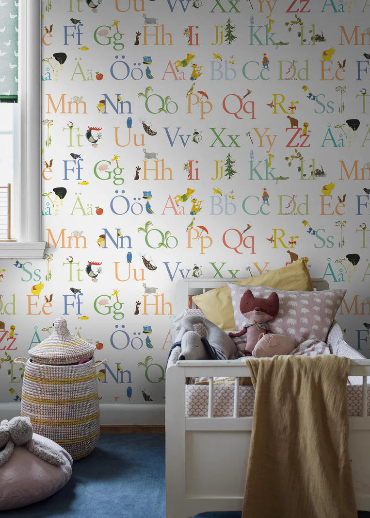 The ABC mural wallpaper brings a Swedish design classic to life in a new format. Stig Lindberg’s beautiful typography and playful illustrations are taken from the book ABC
