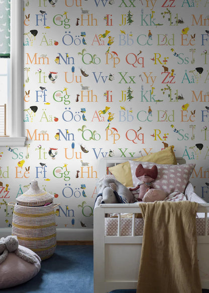 The ABC mural wallpaper brings a Swedish design classic to life in a new format. Stig Lindberg’s beautiful typography and playful illustrations are taken from the book ABC