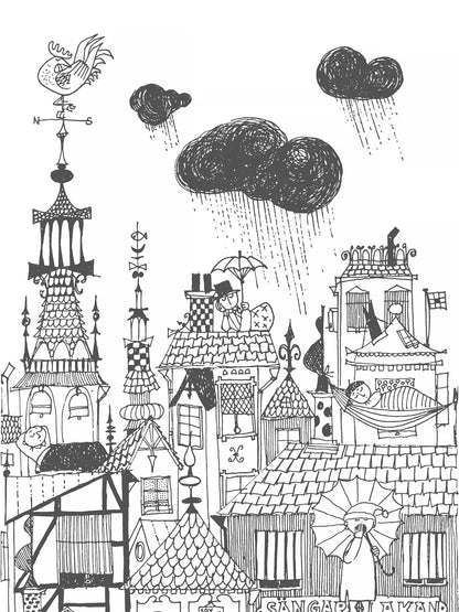 The black-and-white mural wallpaper Ingalunda is inspired by the sleepy town of the same name in Stig Lindberg and Lennart Hellsing’s children’s book Daniel Doppsko from 1959.
