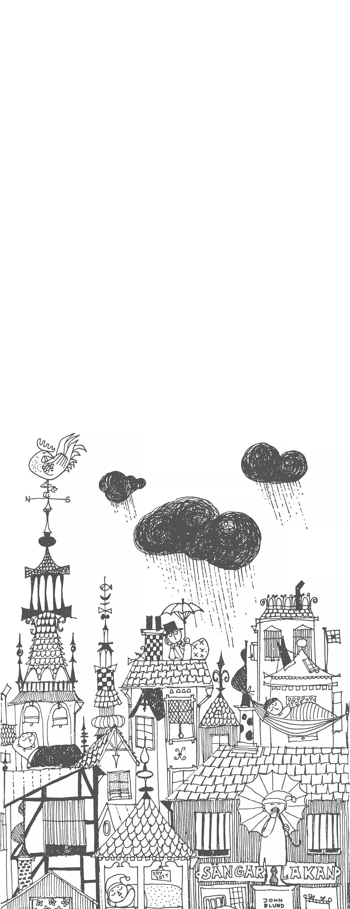 The black-and-white mural wallpaper Ingalunda is inspired by the sleepy town of the same name in Stig Lindberg and Lennart Hellsing’s children’s book Daniel Doppsko from 1959.