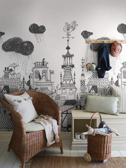 The black-and-white mural wallpaper Ingalunda is inspired by the sleepy town of the same name in Stig Lindberg and Lennart Hellsing’s children’s book Daniel Doppsko from 1959.