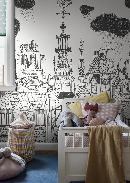 The black-and-white mural wallpaper Ingalunda is inspired by the sleepy town of the same name in Stig Lindberg and Lennart Hellsing’s children’s book Daniel Doppsko from 1959.