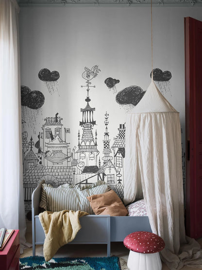 The black-and-white mural wallpaper Ingalunda is inspired by the sleepy town of the same name in Stig Lindberg and Lennart Hellsing’s children’s book Daniel Doppsko from 1959.