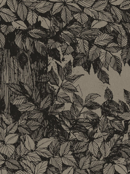 Here, the Hassel mural wallpaper features black details on a grey-brown ground reminiscent of undyed linen. The wallpaper is printed to order, made to measure for your wall.