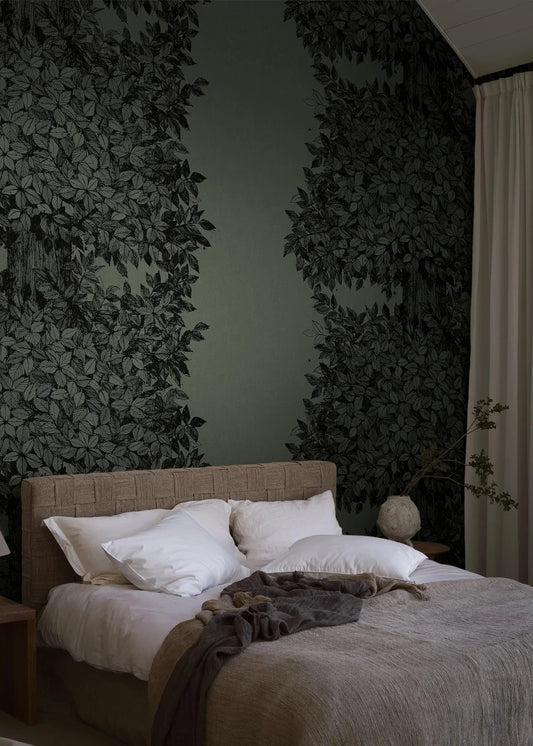 The lush Hassel pattern  was originally printed on fabric, but today we digitally print Hassel as a mural wallpaper