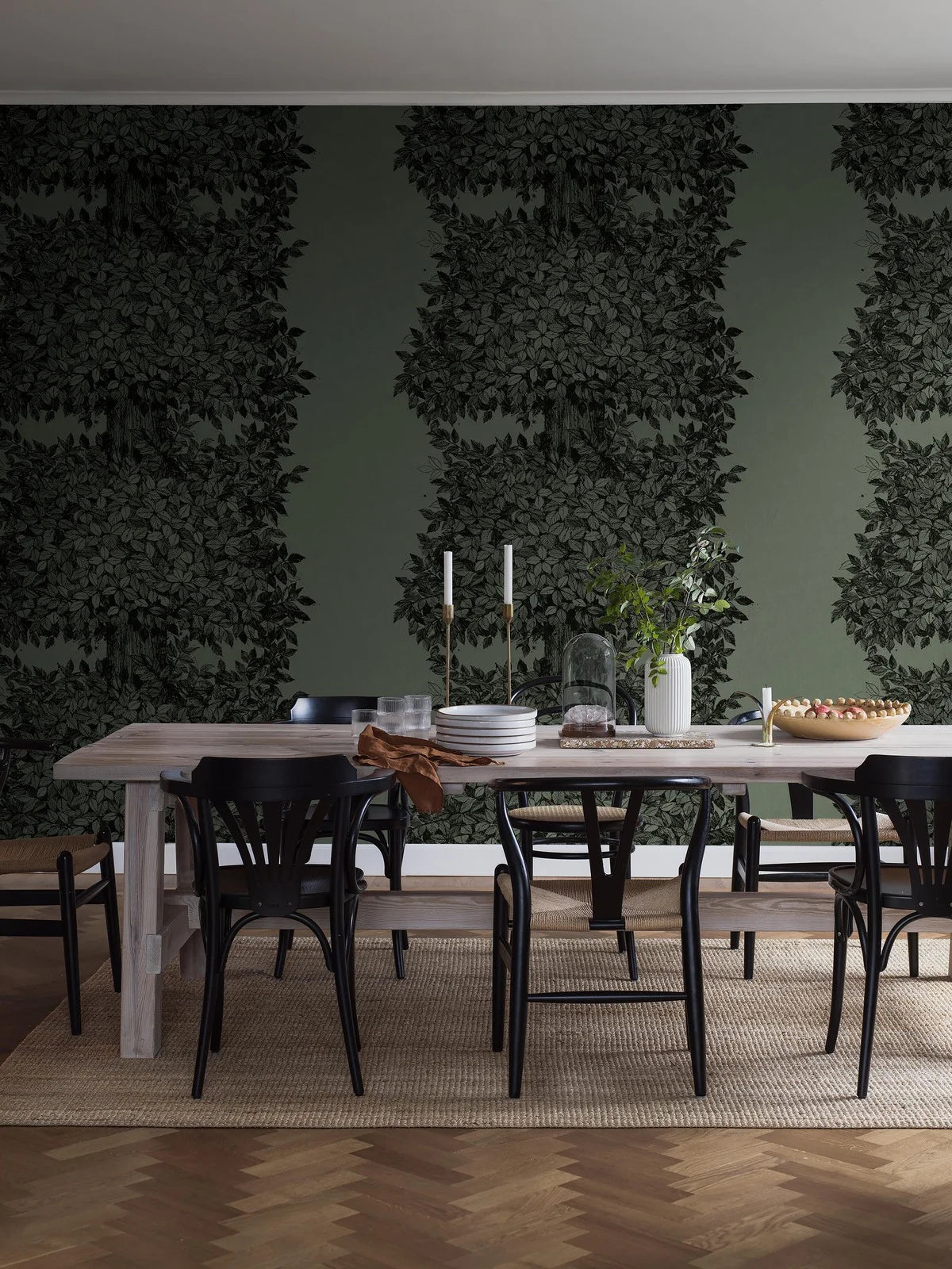The lush Hassel pattern  was originally printed on fabric, but today we digitally print Hassel as a mural wallpaper