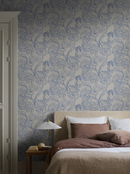 The dreamy mural wallpaper Floral Dream features winding plants and small human figures linked together in a beautiful pattern. 