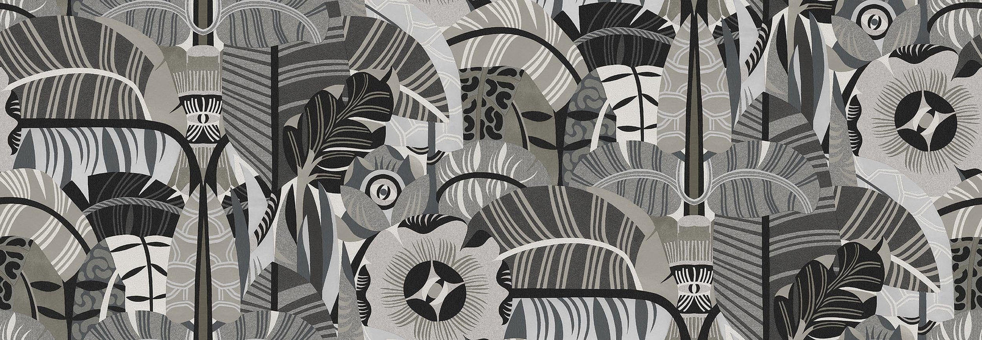 The graphic mural wallpaper Hypnotic Safari features an abstract pattern of soft, organic shapes. Here and there, an eye peeks through the slightly psychedelic design. 