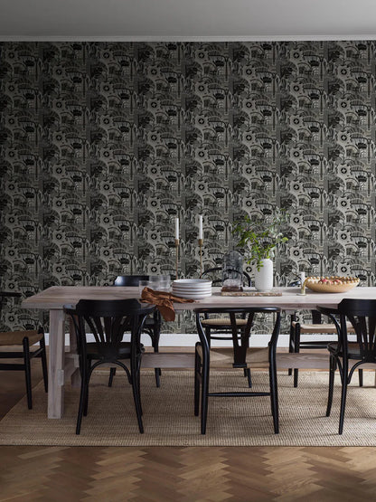 The graphic mural wallpaper Hypnotic Safari features an abstract pattern of soft, organic shapes. Here and there, an eye peeks through the slightly psychedelic design. 