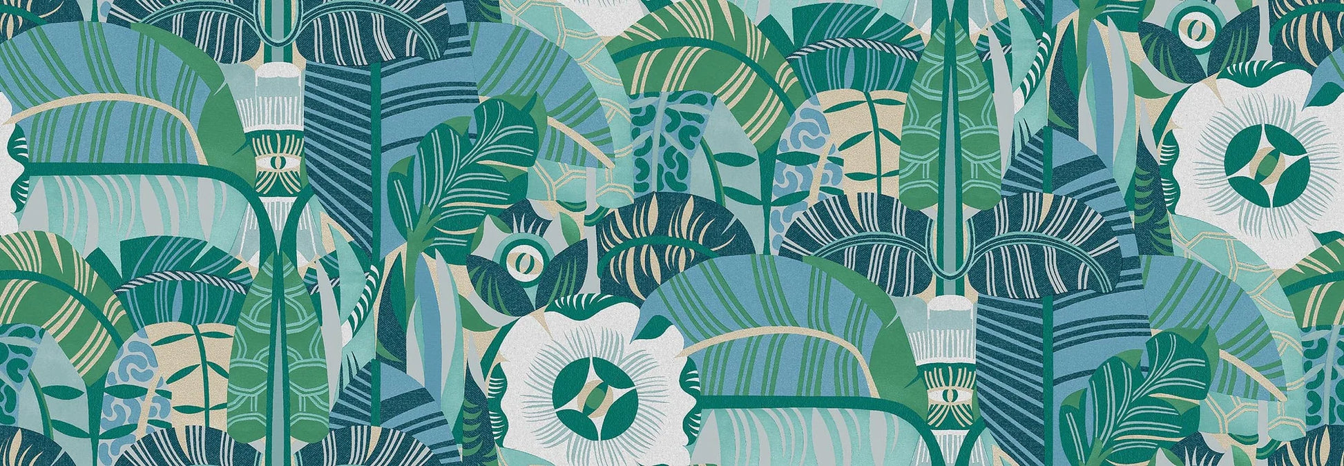 The mural wallpaper Hypnotic Safari features an abstract, psychedelic pattern of rounded, organic shapes, with the occasional eye peeking through. 