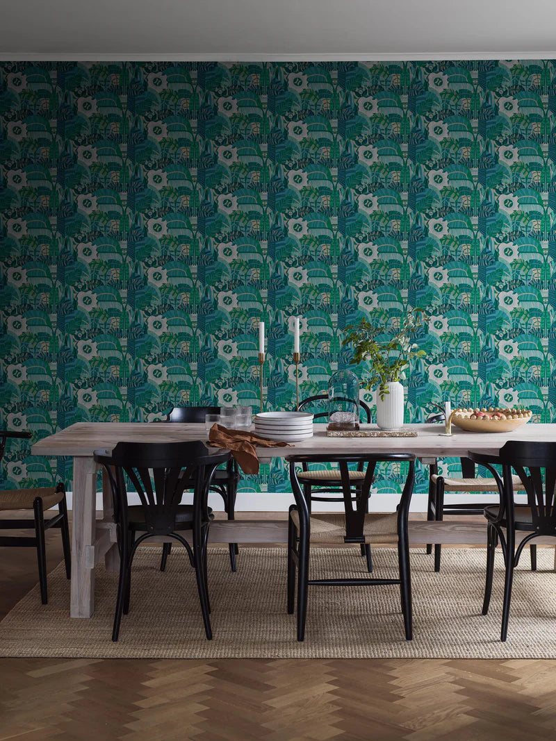 The mural wallpaper Hypnotic Safari features an abstract, psychedelic pattern of rounded, organic shapes, with the occasional eye peeking through. 